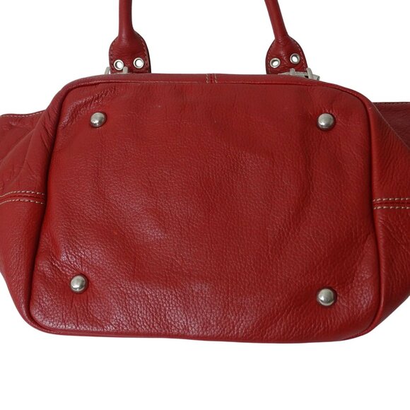 Tignanello Red Pebbled Leather Handbag Dual Buckle Straps Chain Print Lining - Picture 3 of 10